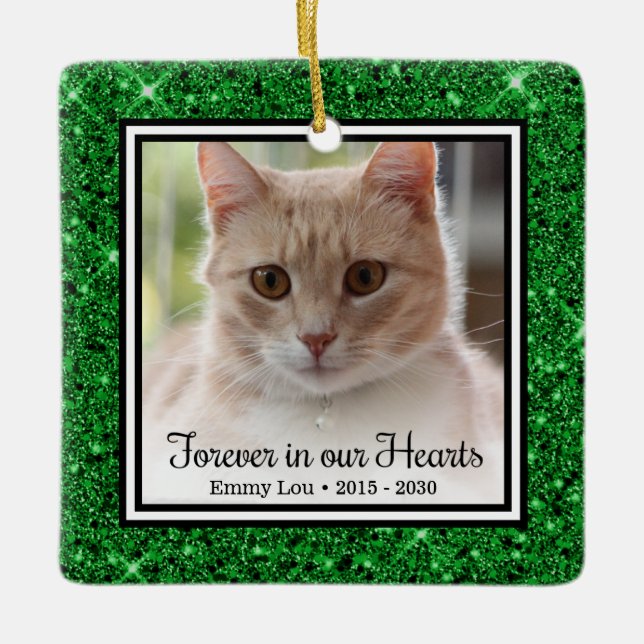Forever In Our Hearts Green Glitter Cat Memorial Ceramic Ornament (Front)