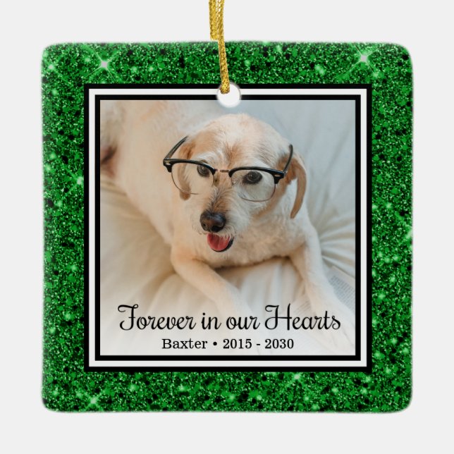 Forever In Our Hearts Green Glitter Dog Memorial Ceramic Ornament (Front)