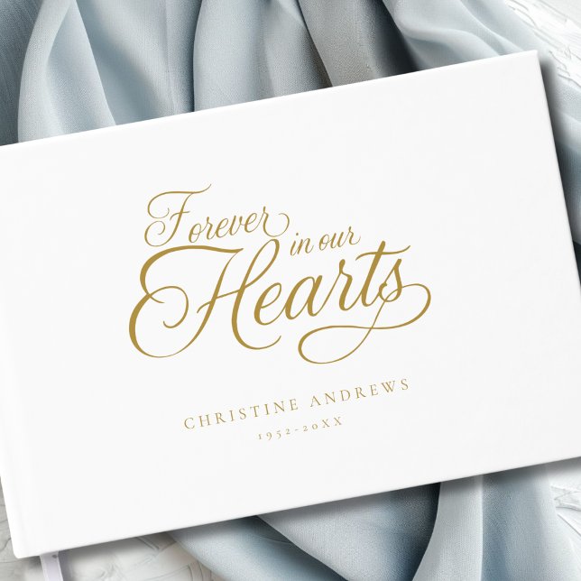 "Forever in our Hearts"  Keepsake Funeral  Guest Book (Elegant, Minimalist, Script Font "Forever in our Hearts" Custom White Guest Book.)