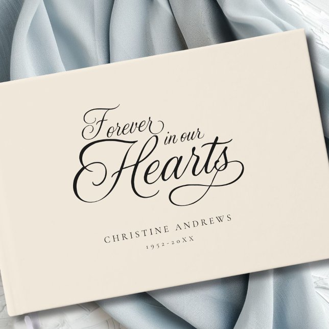 "Forever in our Hearts"  Keepsake Funeral  Guest Book (Elegant, Minimalist, Script Font "Forever in our Hearts" Custom Guest Book.)