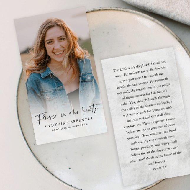 Forever in our Hearts Memorial Funeral Card (Simple typography photo overlay forever in our hearts memorial cards.)