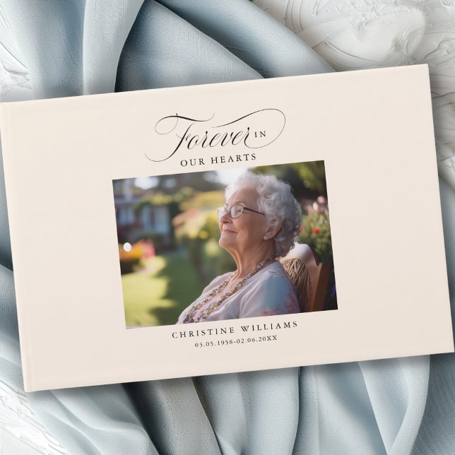 "Forever in our Hearts" Memorial, Name, Photo Guest Book ("In Loving Memory" Memorial, Name, Quote " celebration of life, beige, photo, funeral guest book.)