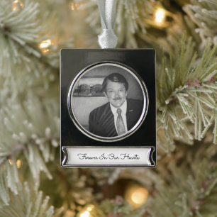 FOREVER IN OUR HEARTS Memorial PHOTO Keepsake Silver Plated Banner Ornament