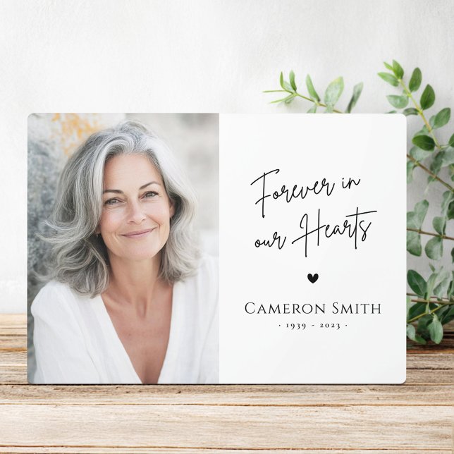 Forever in our hearts memorial photo modern script plaque (Forever in our hearts memorial photo modern script plaque)