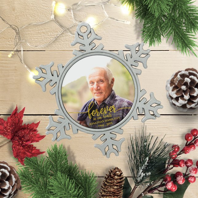 Forever In Our Hearts Personalised Photo Memorial Snowflake Pewter Christmas Ornament (Creator Uploaded)