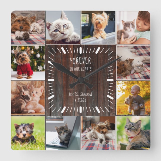 Forever in our Hearts Pet Keepsake Photo Collage Square Wall Clock (Front)