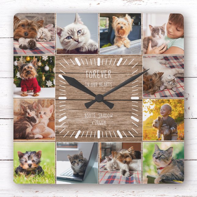 Forever in our Hearts Pet Memorial Photo Collage Square Wall Clock (Collage clock with cute animals: kittens, puppies, etc. Center reads "Forever in Our Hearts")