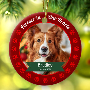 Forever in Our Hearts Pet Photo Red Paws Memorial Ceramic Tree Decoration