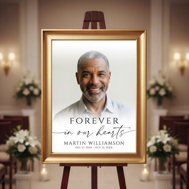 Forever in Our Hearts Photo Elegant Script Funeral Poster (Creator Uploaded)