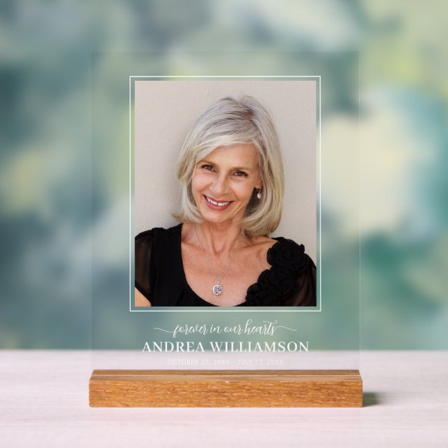 Forever in Our Hearts Photo Funeral  Acrylic Sign (Neutral)