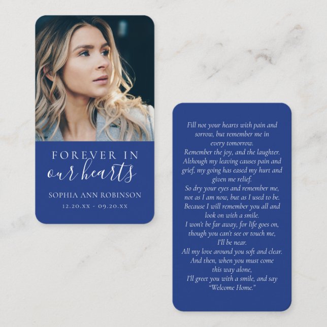 Forever in Our Hearts Photo Royal Blue Prayer Card (Front/Back)
