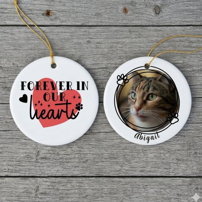 Forever In Our Hearts Red Graphic Ceramic Tree Decoration (Forever in our hearts pet memorial ornament — thoughtful Christmas gift idea for the cat dad)
