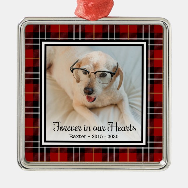 Forever In Our Hearts Red Plaid Dog Memorial Metal Tree Decoration (Front)