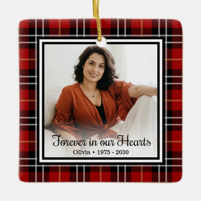 Forever In Our Hearts Red Plaid Memorial Ceramic O Ceramic Ornament (Front)