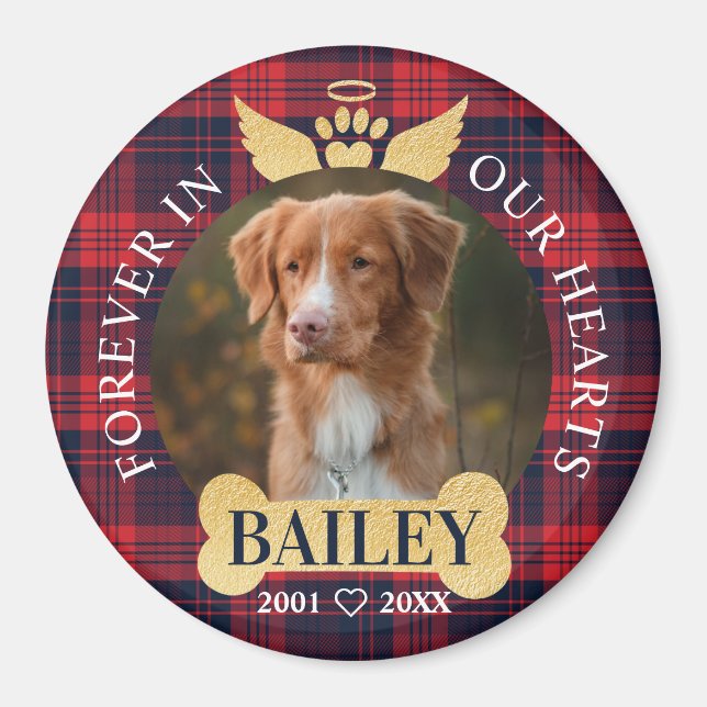 Forever In Our Hearts Red Plaid Pet Memorial Photo Magnet (Front)