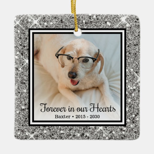 Forever In Our Hearts Silver Glitter Dog Memorial Ceramic Ornament (Front)