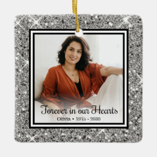 Forever In Our Hearts Silver Glitter Memorial Ceramic Ornament