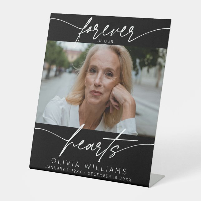 Forever In Our Hearts Simple Script Photo Funeral Pedestal Sign (Front)