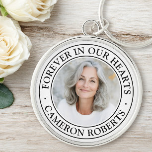 Forever in our hearts white border photo memorial key ring