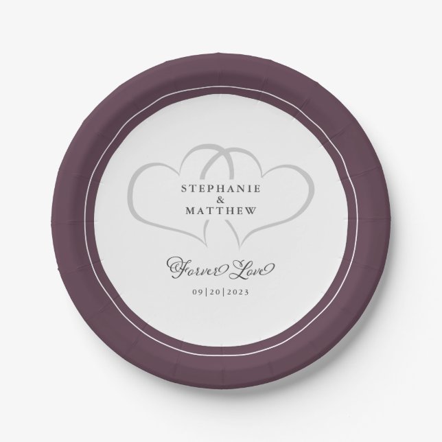 Forever Love Elegant Wedding Hearts Cassis Purple Paper Plate (Front)