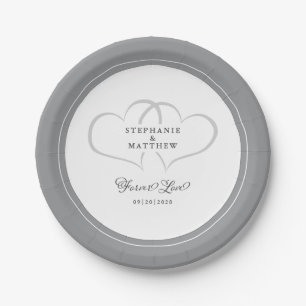 Forever Love Elegant Wedding Hearts Grey & White Paper Plate