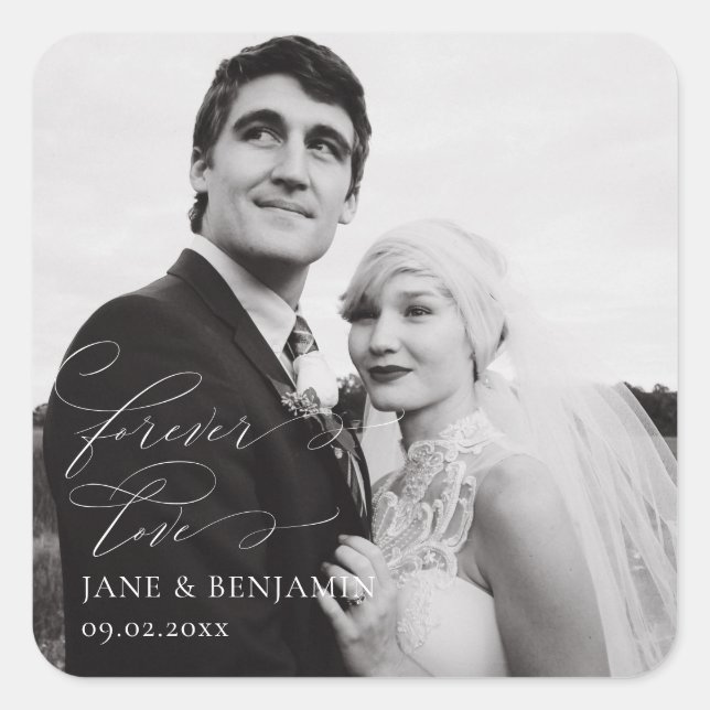 Forever Love Photo Wedding Favour Square Sticker (Front)
