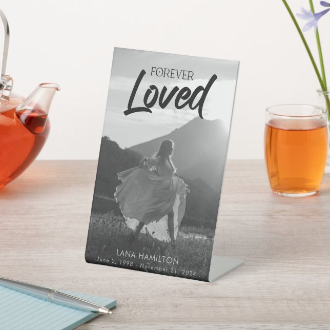 Forever Loved Script Photo Funeral Pedestal Sign (In SItu)