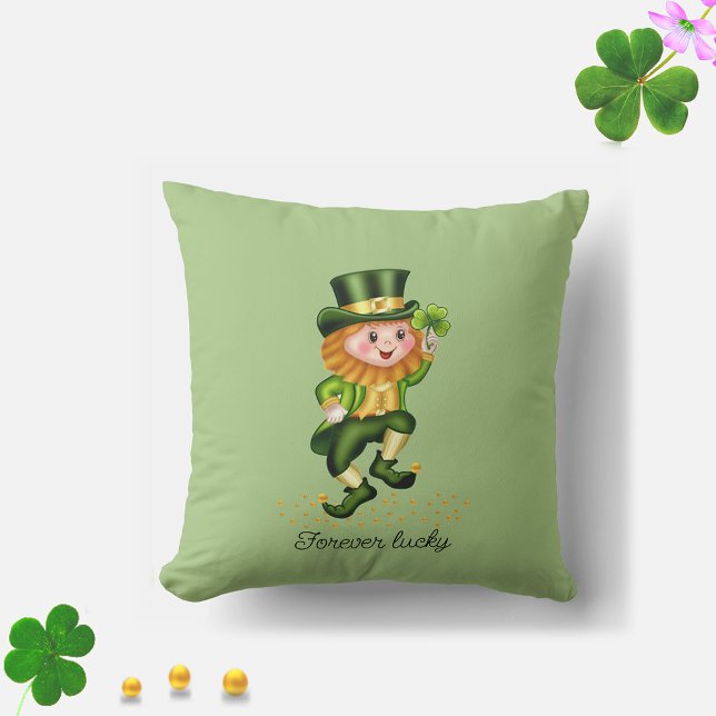 Forever Lucky Green Gnome & Clover on Light Green Cushion (Creator Uploaded)
