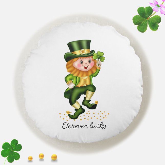 Forever Lucky Green Gnome & Clover on White Round Cushion (Creator Uploaded)