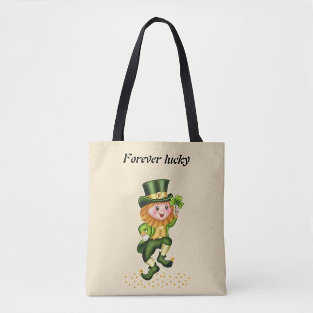 Forever Lucky Green Gnome & Gold Confetti on Beige Tote Bag (Front)