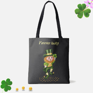 Forever Lucky Green Gnome & Gold Confetti on Black Tote Bag