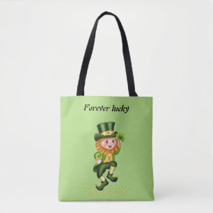 Forever Lucky Green Gnome & Gold Confetti on Green Tote Bag
