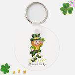 Forever Lucky Green Gnome & Monogram on White Key Ring<br><div class="desc">Cute forever lucky green gnome holding a clover and golden confetti on white background. Text can be personalised. Monogram on the back side. A good souvenir for everyone!</div>