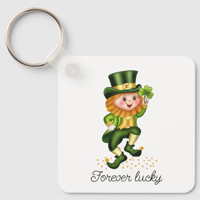 Forever Lucky Green Gnome & Monogram on White Keyc Key Ring (Front)