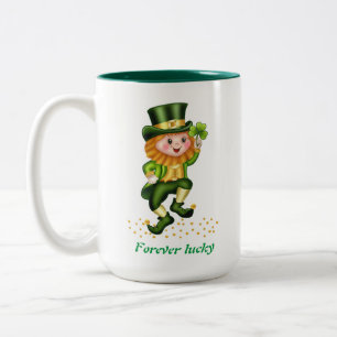 Forever Lucky Green Gnome & Monogram Two-Tone Coffee Mug