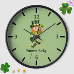 Forever Lucky Green Gnome on Light Green Clock<br><div class="desc">Cute forever lucky green gnome holding a clover on light lime green background. Text can be personalised.</div>
