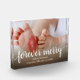 Forever Merry Casual Script Birth Stat Keepsake Photo Block