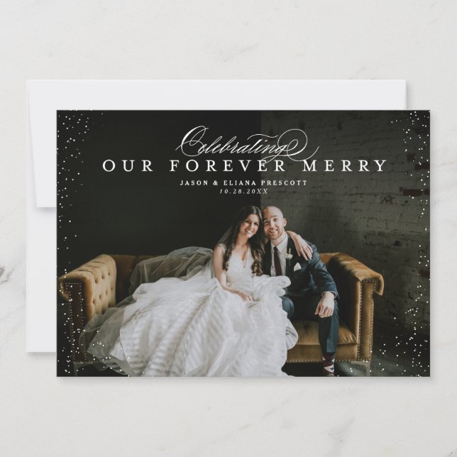 Forever merry elegant newlywed photo holiday card (Front)