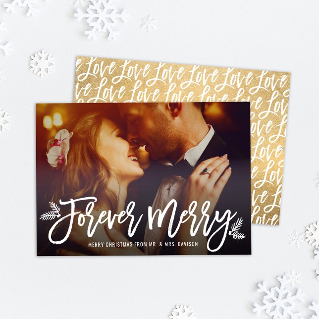 Forever Merry Gold Newlywed Photo Holiday Card (Creator Uploaded)