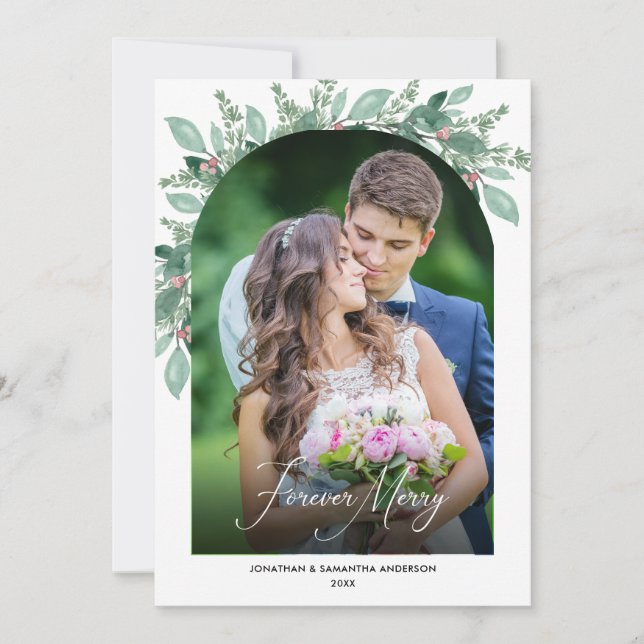 Forever Merry Greenery Photo Arch Christmas Holiday Card (Front)