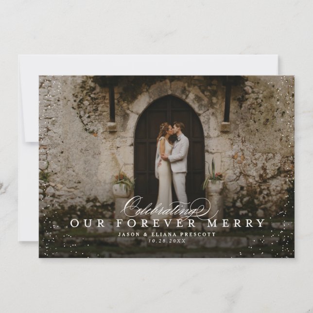 Forever merry newlywed horizontal photo holiday card (Front)