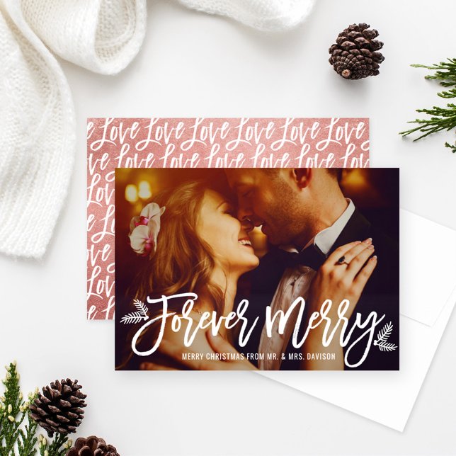 Forever Merry Rose Gold Wedding Photo Holiday Card (Creator Uploaded)