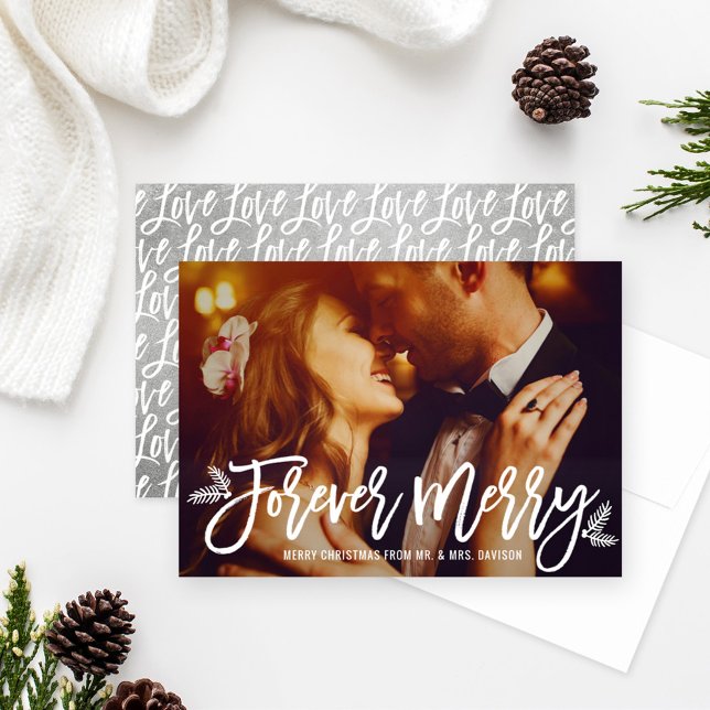 Forever Merry Silver Newlywed Wedding Photo Holiday Card (Creator Uploaded)