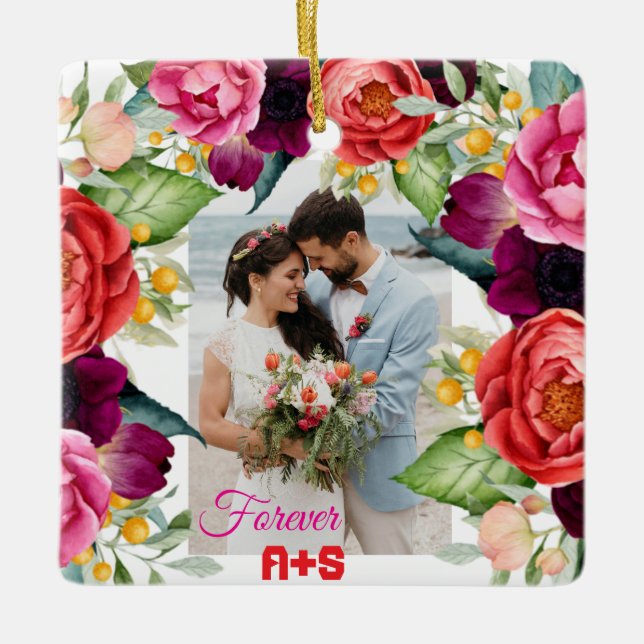 Forever Rose Floral Personalised Couples Photo Ceramic Ornament (Front)