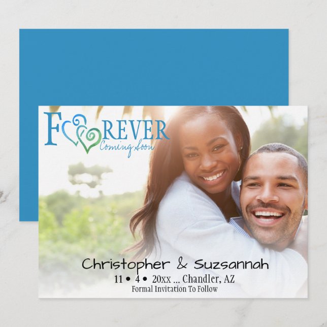 FOREVER Save The Date Blue Green Linked Hearts Announcement (Front/Back)