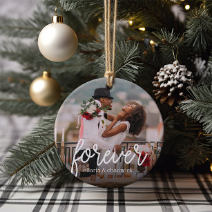 Forever Script Overlay Personalised Couples Photo Ceramic Tree Decoration