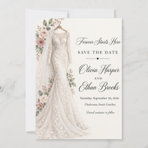 Forever Starts Here Wedding Dress Save the Date Invitation