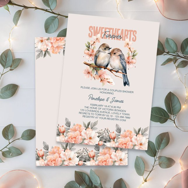 Forever Sweethearts Floral Lovebird Couples Shower Invitation (Bridal Shower invitation from the Valentines Bridal Shower Invitation collection by Darling & May)