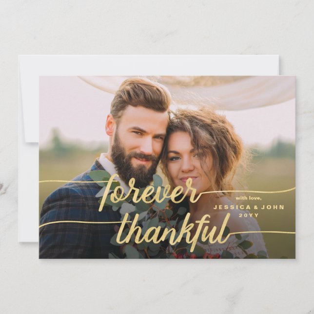 Forever Thankful Gold Calligraphy 2 Photo Wedding Thank You Card (Front)