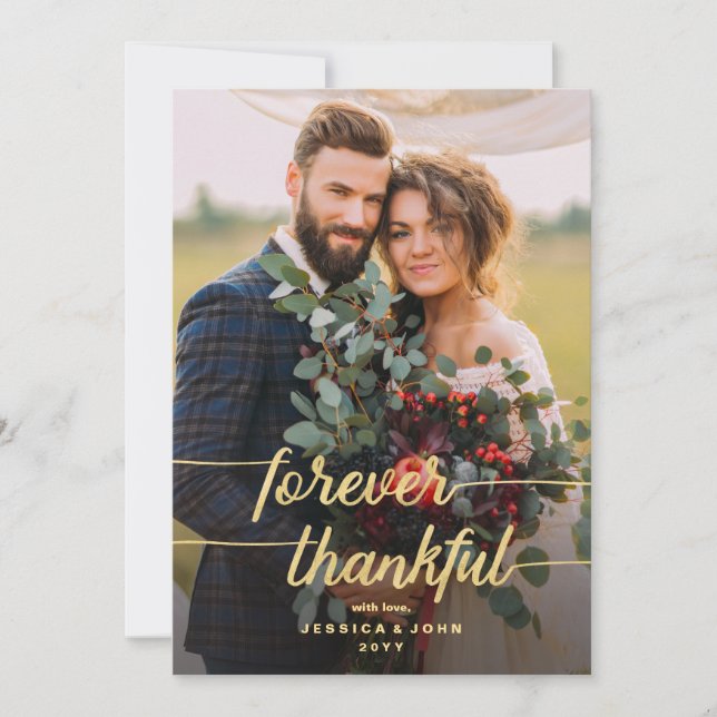 Forever Thankful Gold Calligraphy 2 Photo Wedding Thank You Card (Front)